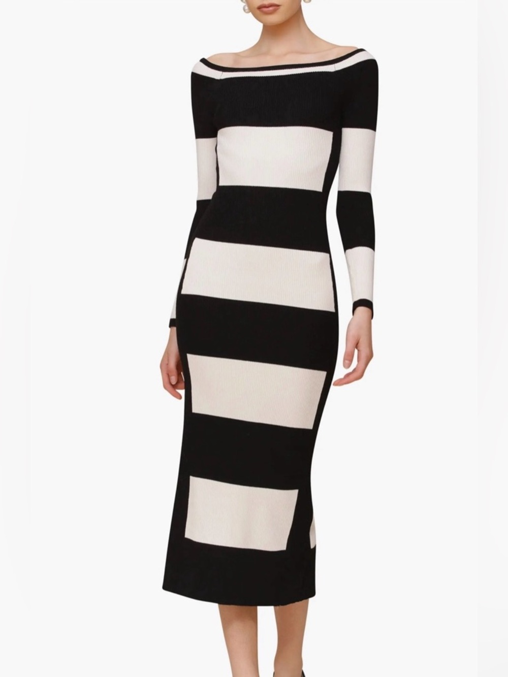 NEW  AVEC LES FILLES Women's Striped Rib-Knit Long-Sleeve Sweater Dress